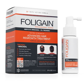 미녹시딜 5%와 TRIOXIDIL 5%가 함유된 FOLIGAIN 남성용 외용 트리트먼트의 상자와 스프레이 병.