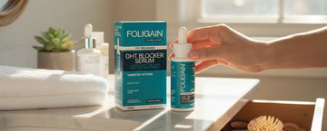 욕실 카운터 위의 FOLIGAIN DHT 세럼 병과 상자, 스포이트 뚜껑을 들고 있는 손.