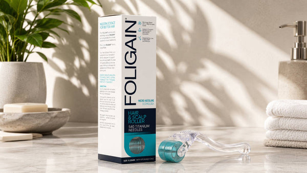 욕실 카운터 위에 상자와 함께 놓인 FOLIGAIN 모발 및 두피 롤러.