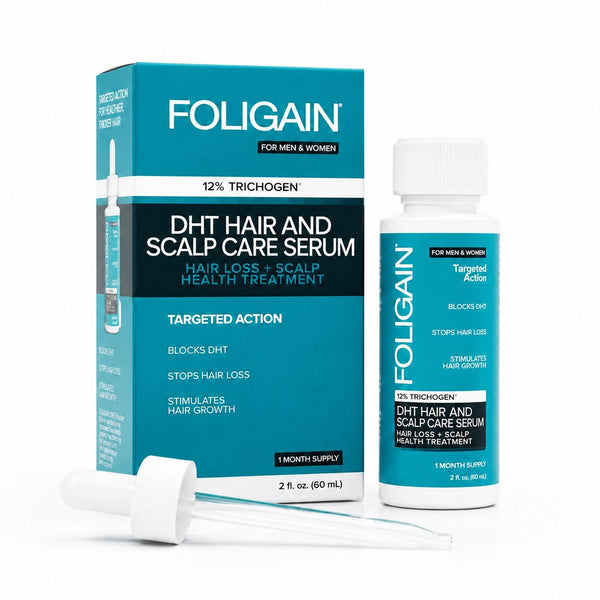 TRICHOGEN 12%가 함유된 FOLIGAIN DHT 모발 및 두피 케어 세럼의 60 mL 병, 상자 및 스포이트.